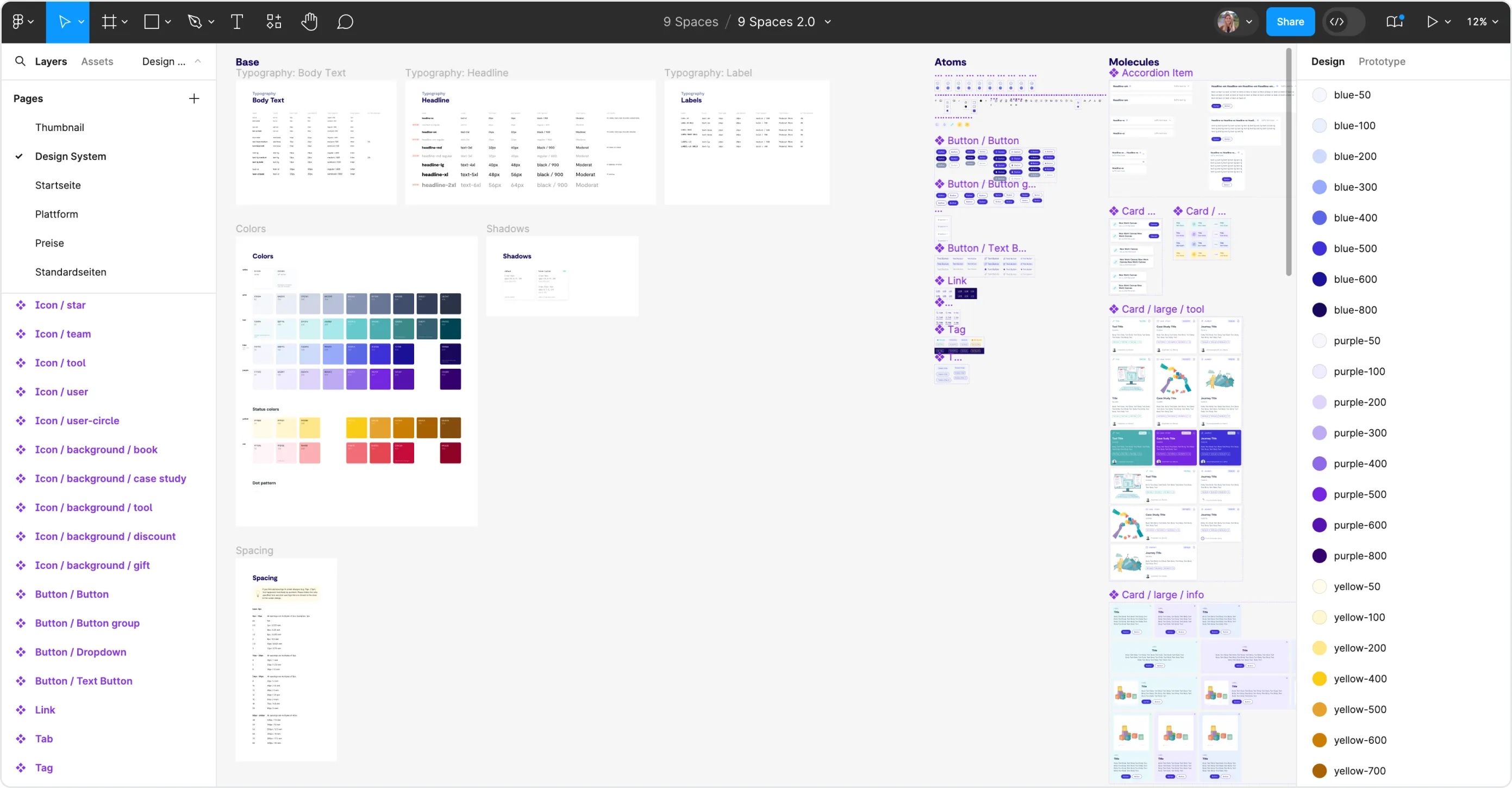 User interface of Figma (design software) showing the 9 Spaces design system