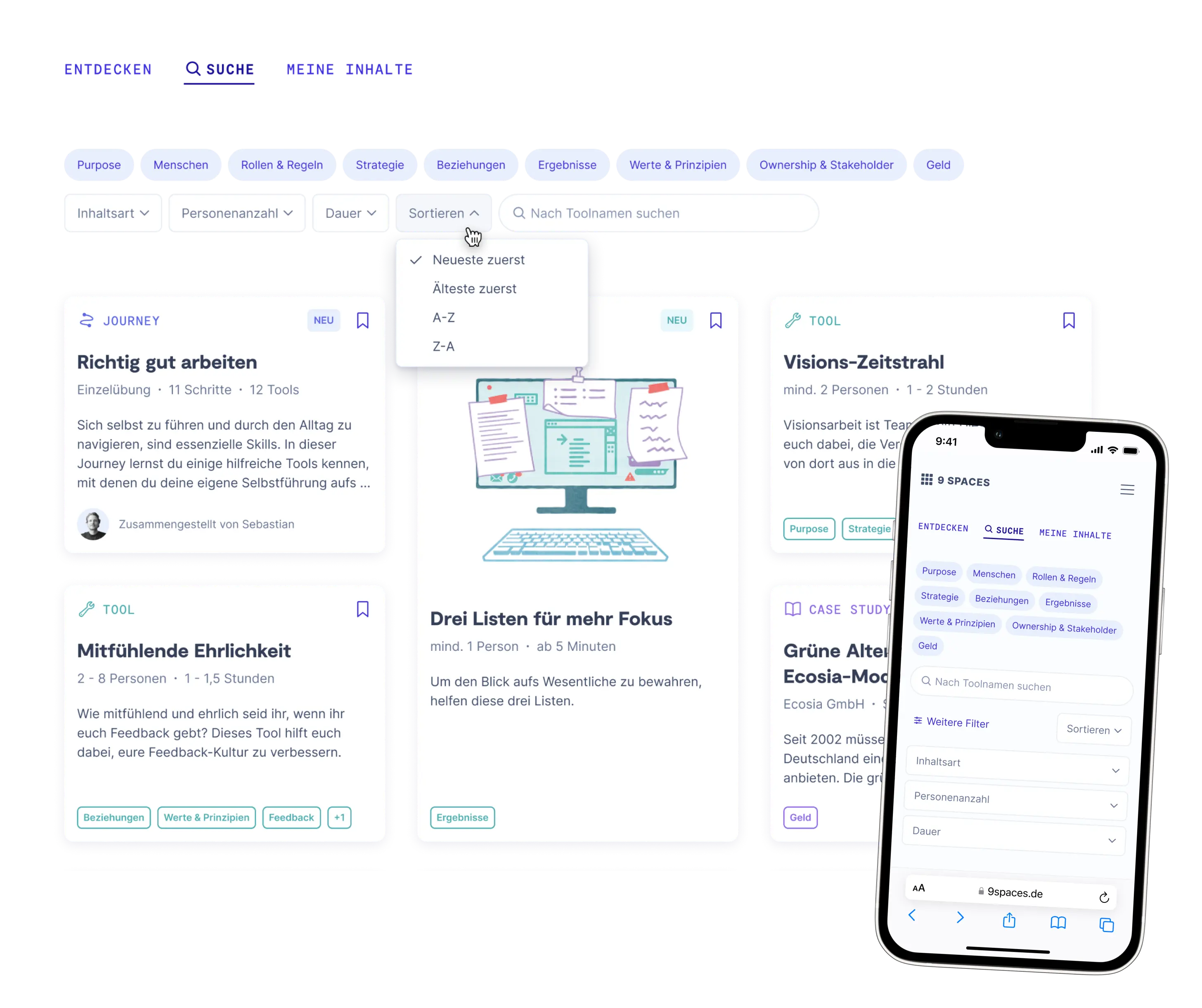 Website interface with different tool cards with mobile phone showing filters in the front
