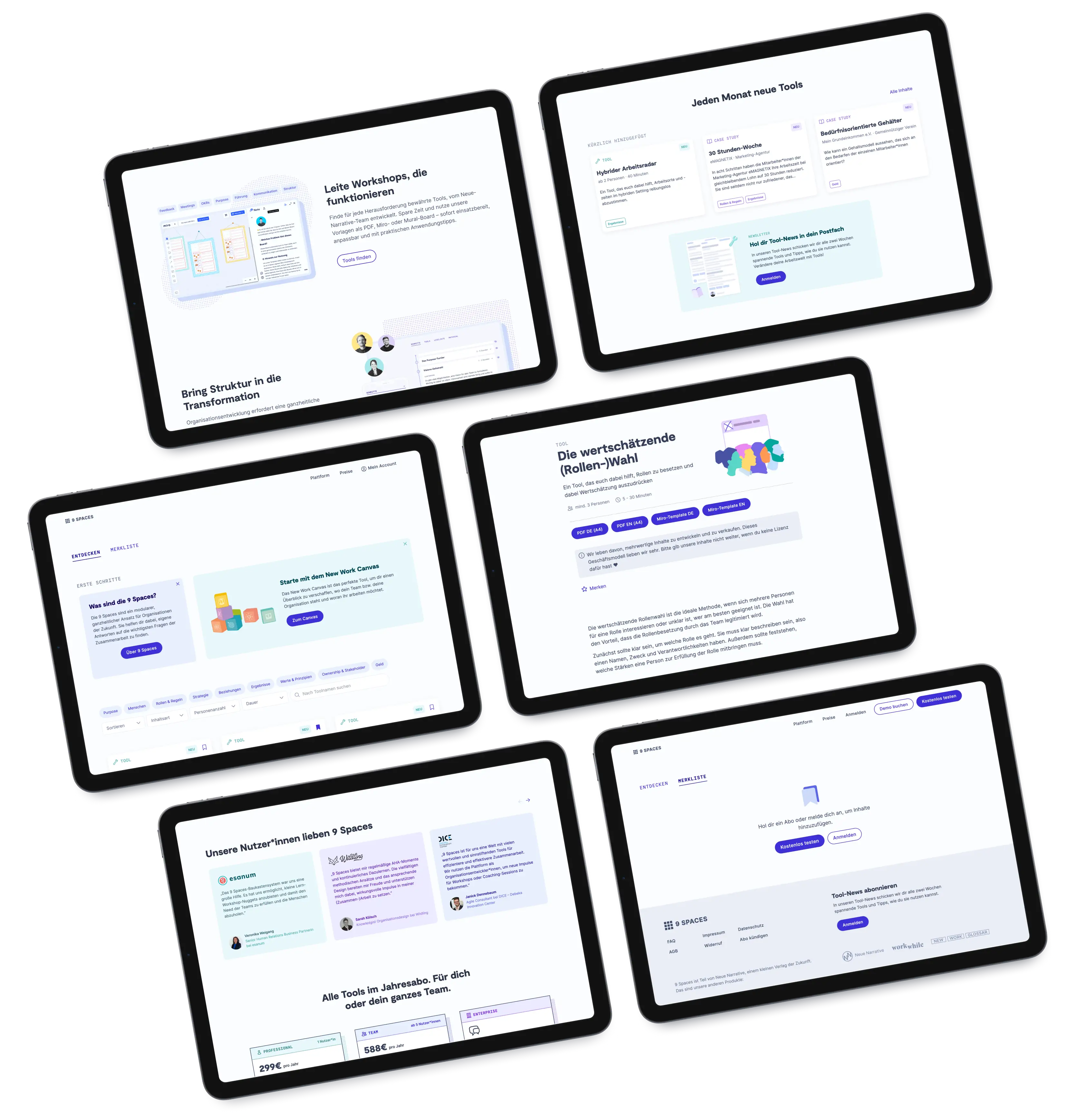 Six screenshots from the 9 Spaces Website showing the redesign